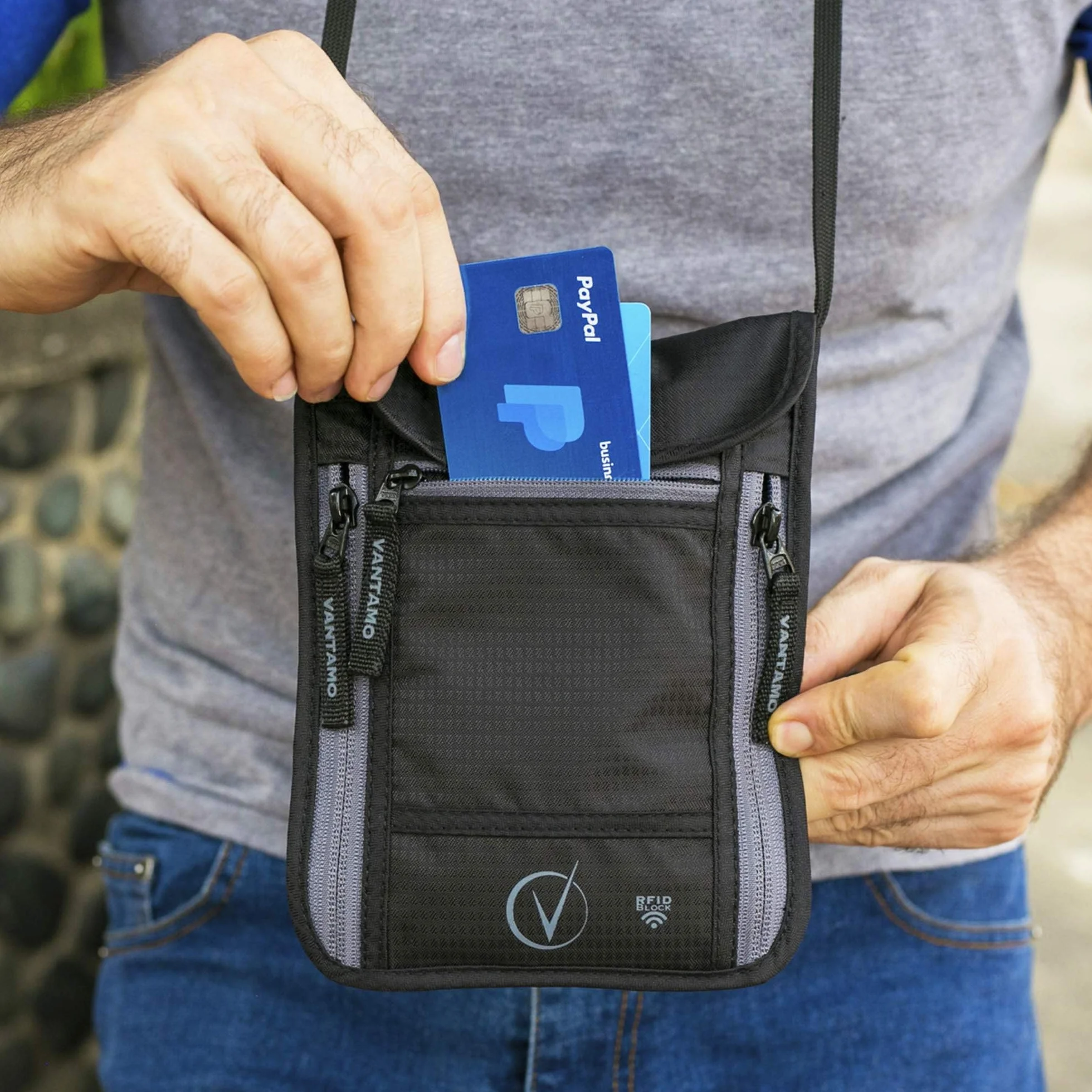 VANTAMO Portfel podróżny, choker, ochrona RFID, pokrowiec na paszport, z metką bagażową dla mężczyzn i kobiet (elegancko-czarna/szara), Elegancki czarny/szary, Regular