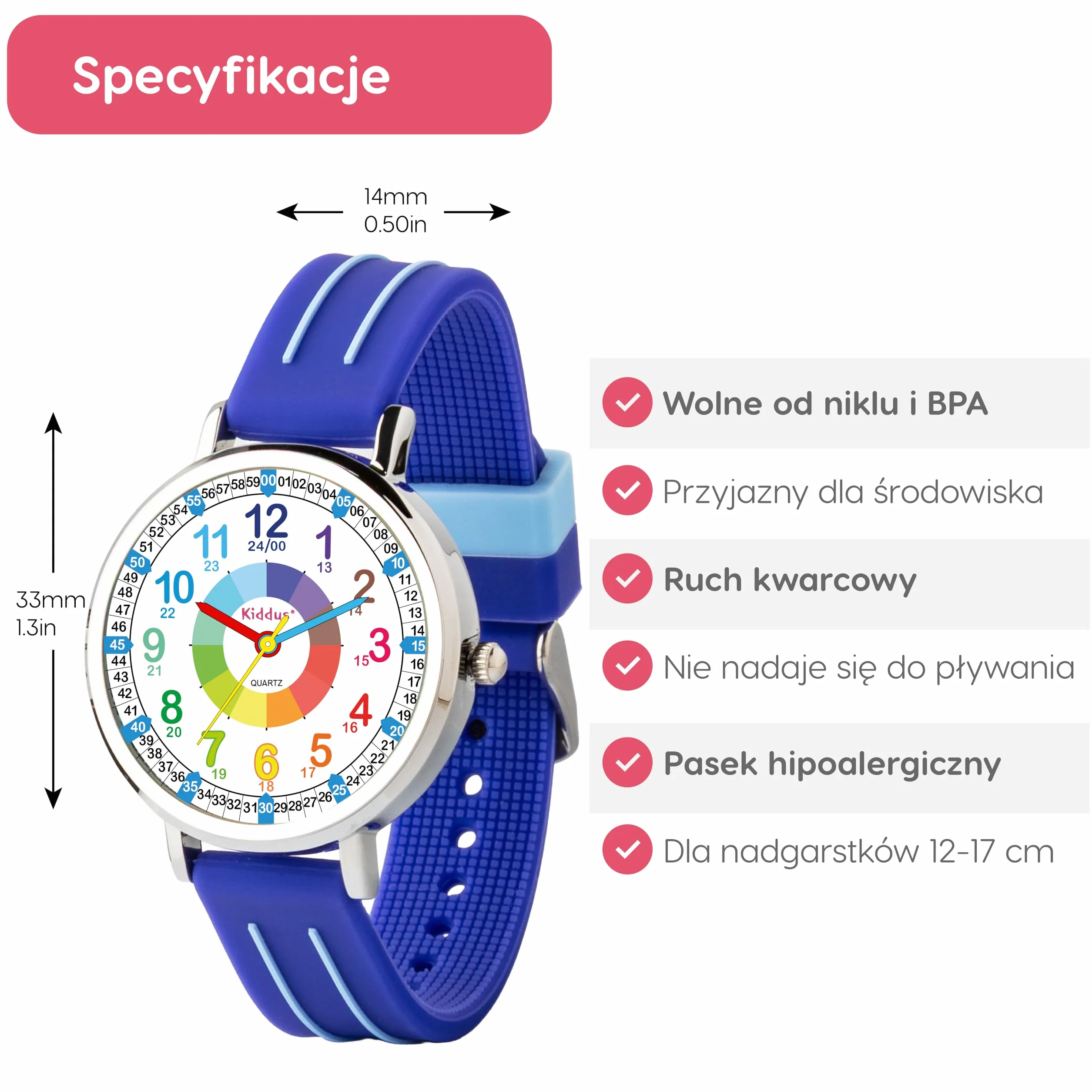 Kiddus Zegarek Edukacyjny Analogowy dla chłopca, dziewczynki. Naucz się Czytać Godzinę z naszym prostym systemem Time Teacher. Zawarte ćwiczenia. Mechanizm kwarcowy.