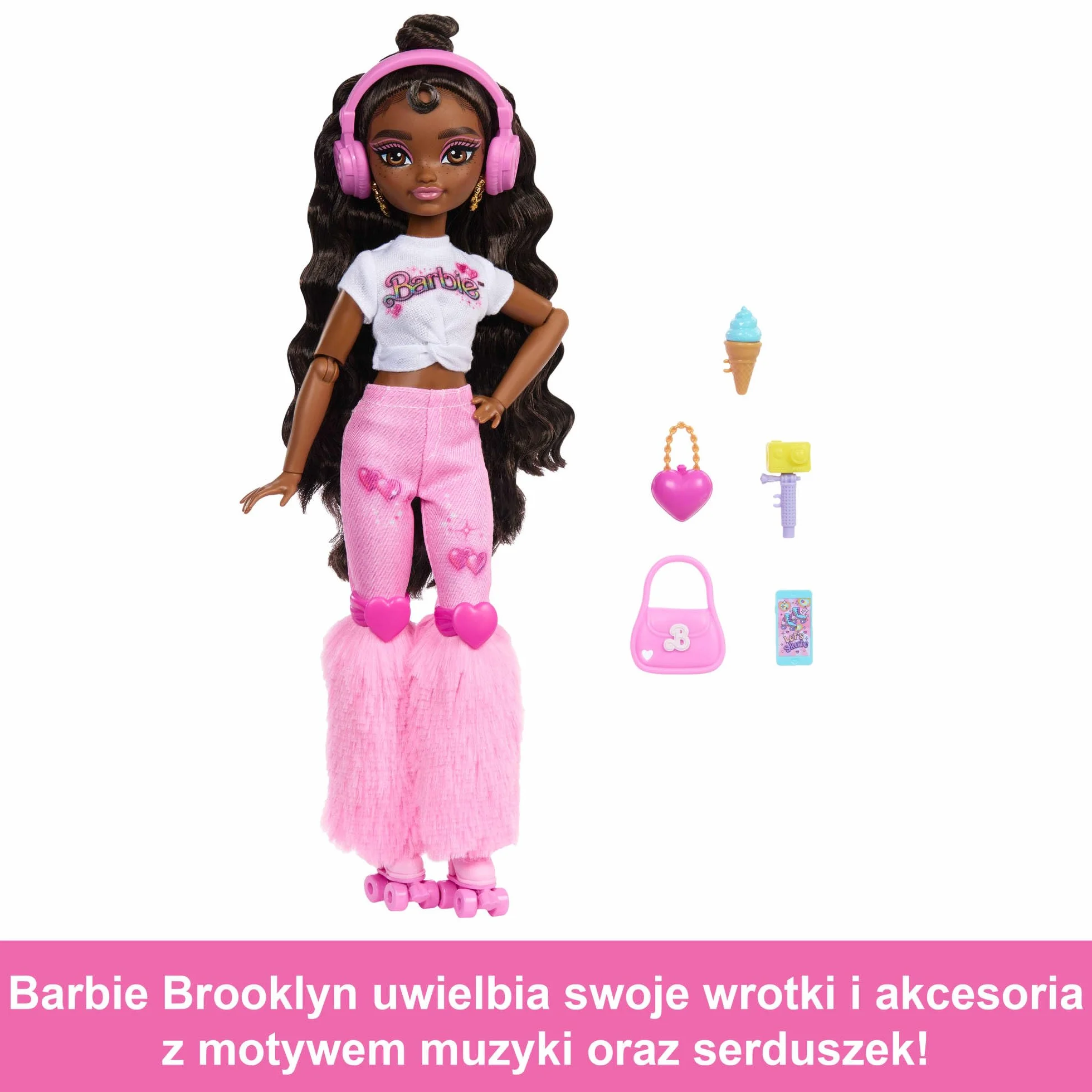 Barbie Dream Besties Lalka Brooklyn na wrotkach do ustawiania w różnych pozach, z ciemnobrązowymi włosami, wrotkami i akcesoriami z motywem muzyki, JFX97