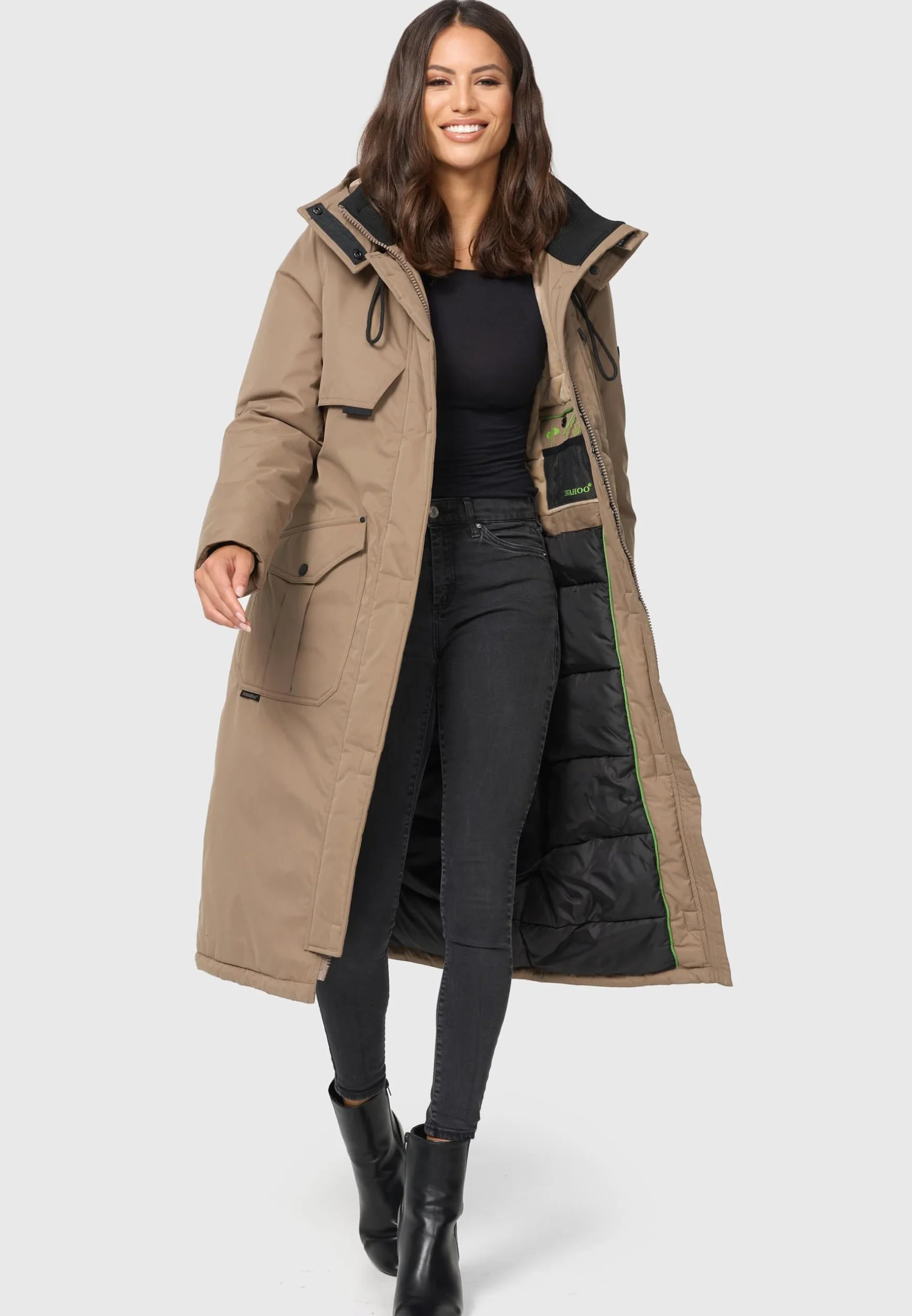 Navahoo Damski płaszcz zimowy, ciepła parka, długa z wysokim kołnierzem i miękkim kapturem, Hokulanii, XS-XXL