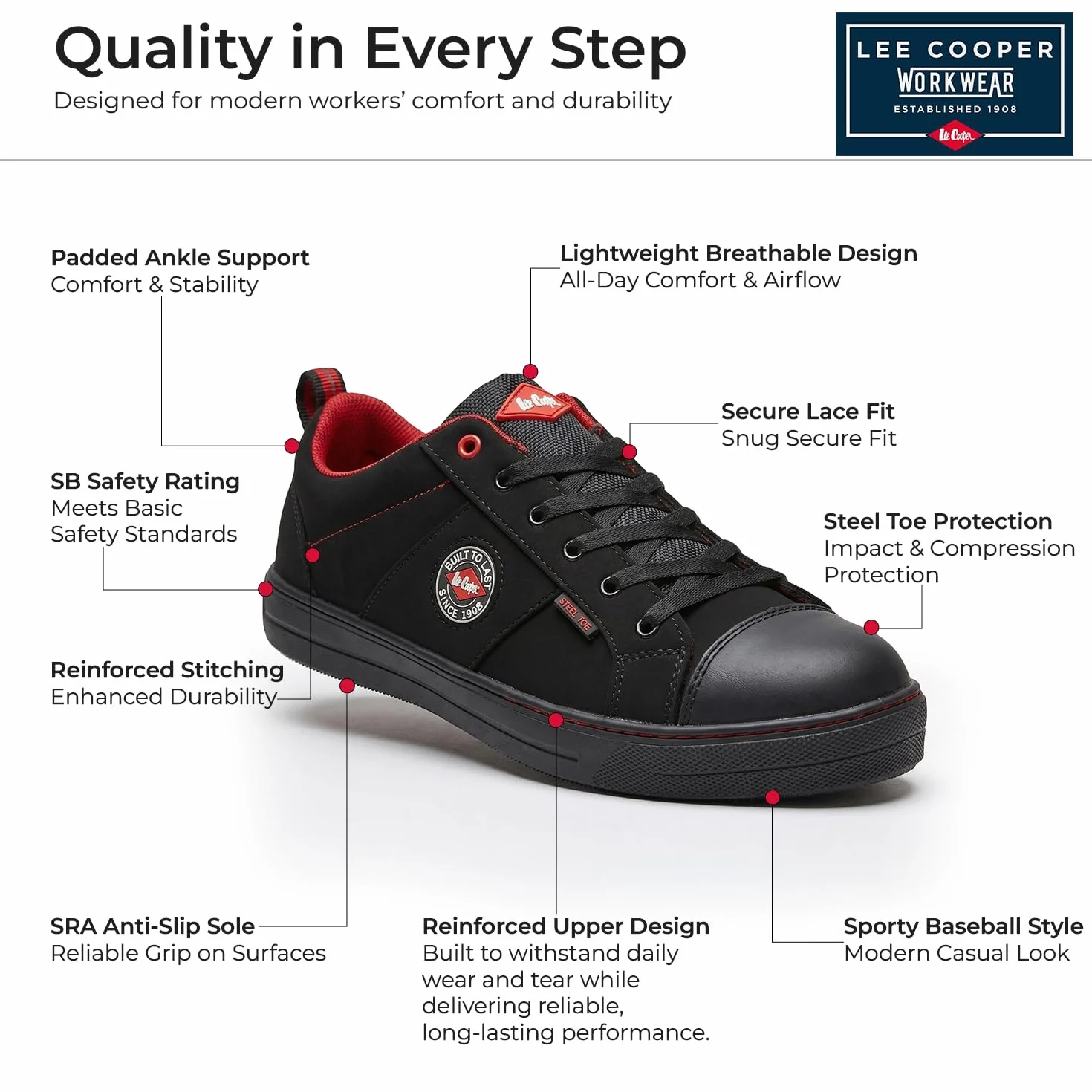 Lee Cooper ‎LCSHOE054 Unisexowe obuwie ochronne robocze SB/SRA w stylu retro baseball nowoczesny design buty robocze BHP, Czarny, 43 EU