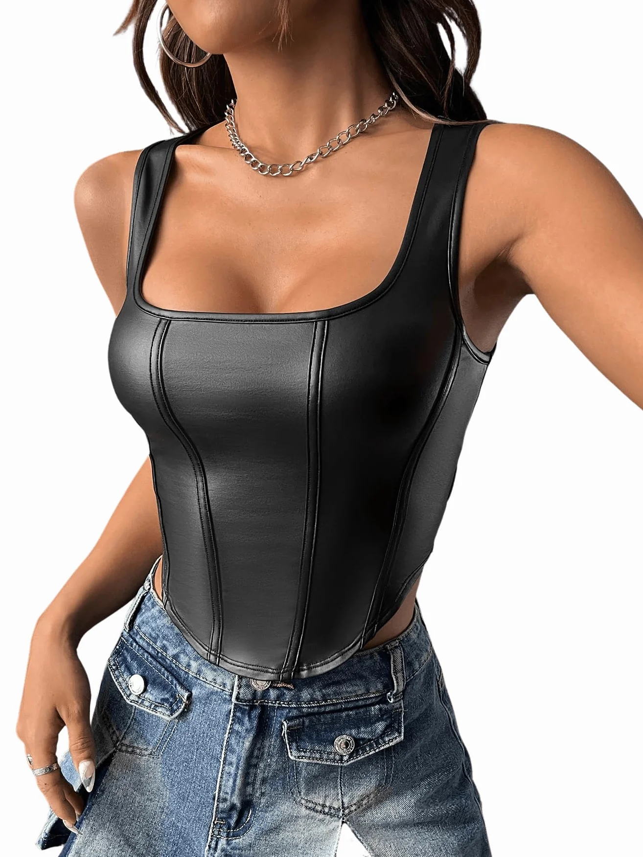 GORGLITTER Skórzany tank top damski Y2k Crop Top z prostokątnym wycięciem skóra PU top z odkrytym brzuchem seksowna skórzana odzież klubowa