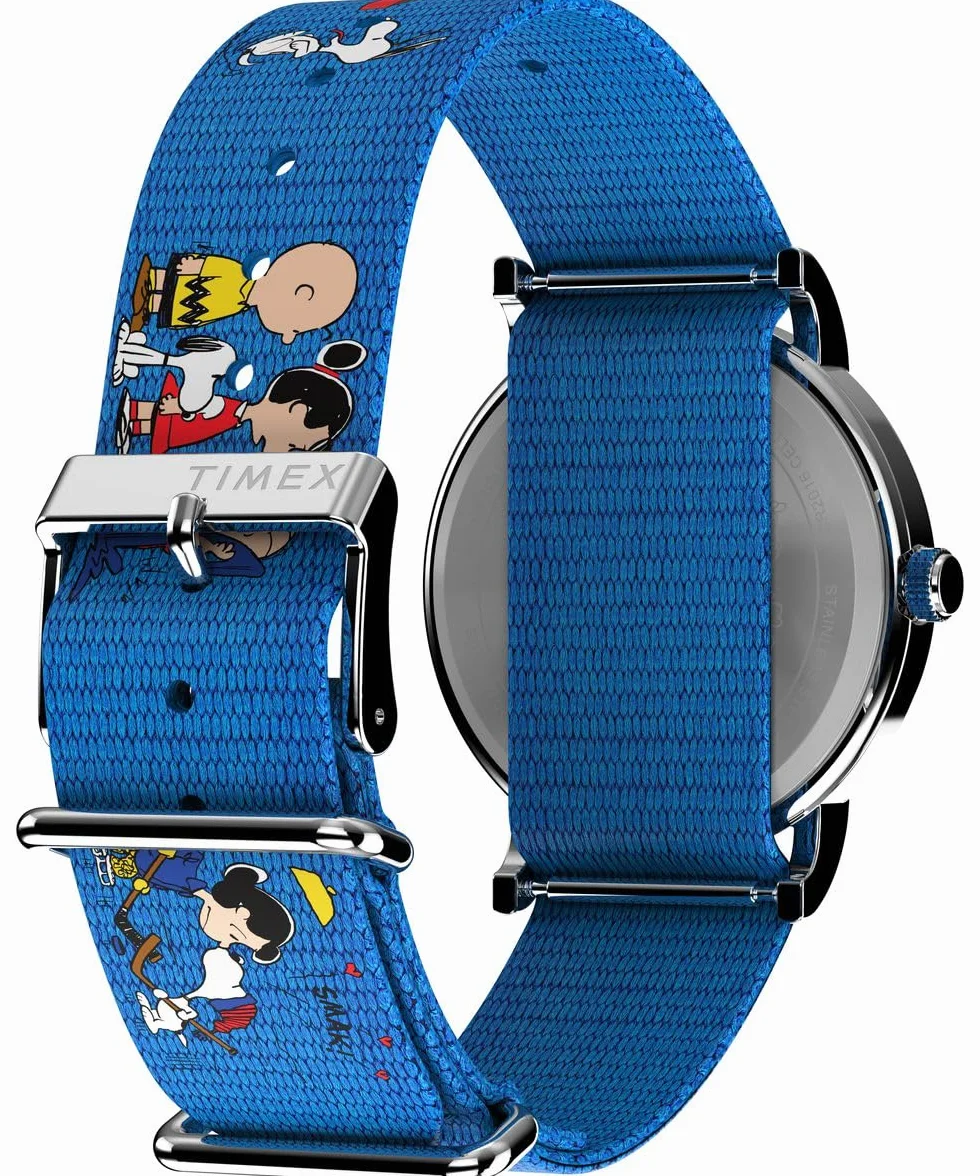 Timex Peanuts Tw2W19400 Zegarek Damski, 38 mm, Brązowy Pasek z Tkaniny, Biała Tarcza i Koperta w Odcieniu Srebra