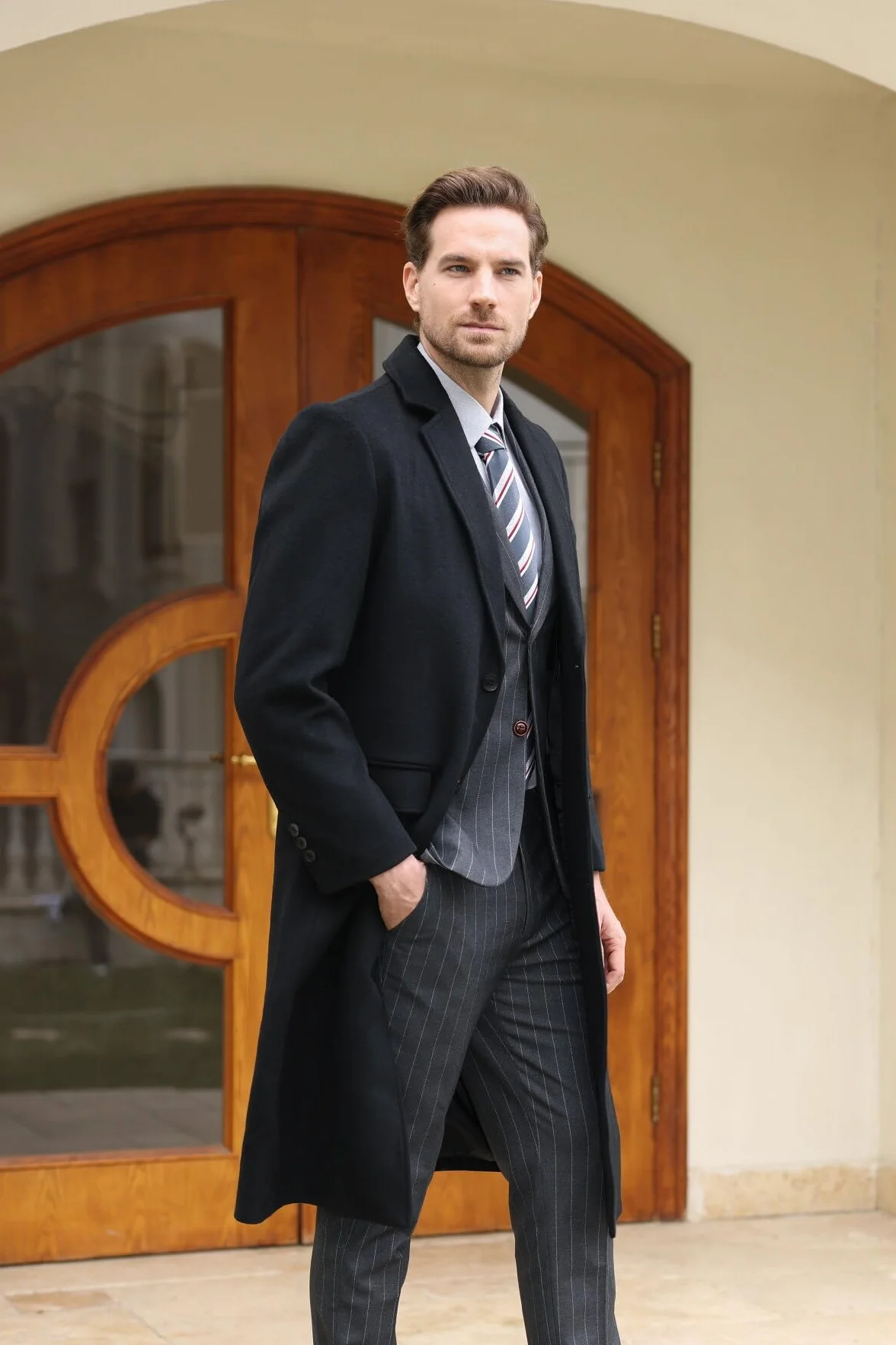 Allthemen Płaszcz męski, długi płaszcz zimowy, płaszcz wełniany, płaszcz męski, krój slim fit, wykładany płaszcz, biznesowy