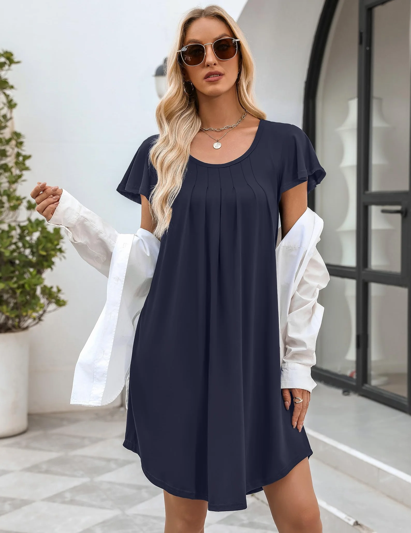 Ekouaer Damska koszula nocna z krótkim rękawem letnia sukienka nocna z okrągłym dekoltem casualowa bielizna nocna, S-3XL