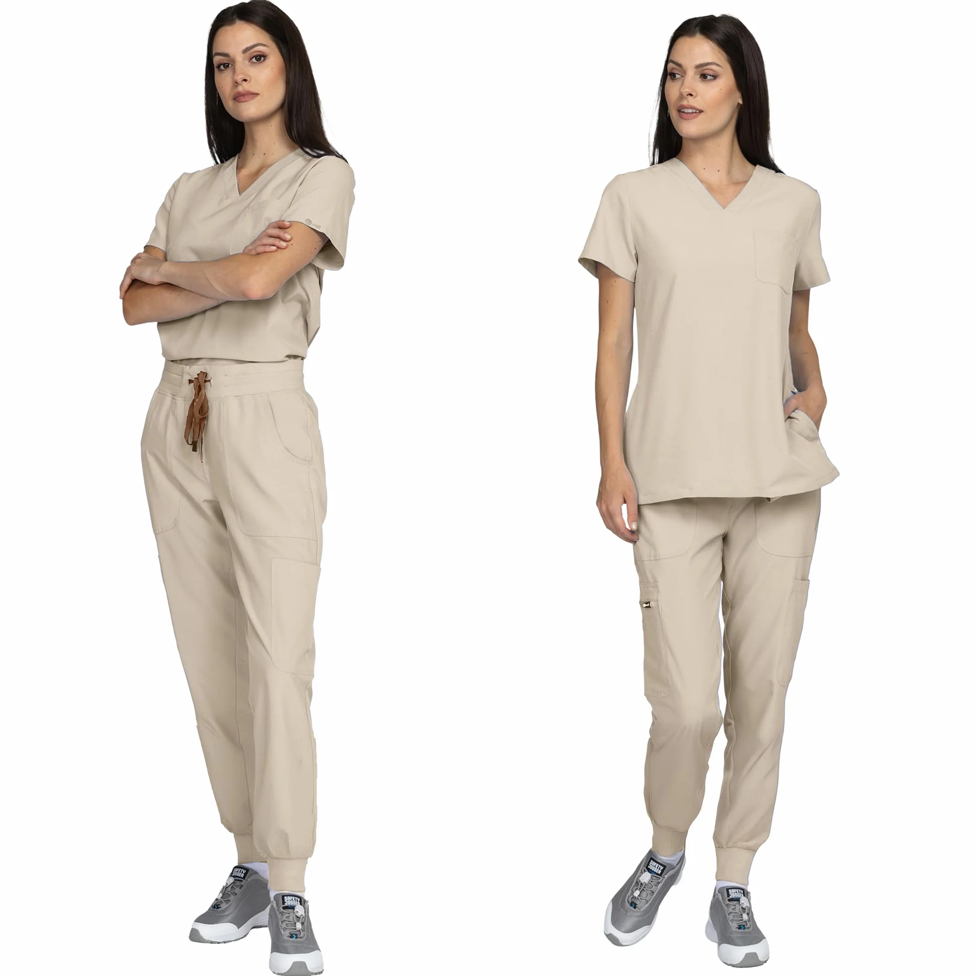 B-well Naomi Damen-Schrubb-Set Schlupfkasack + Schlupfhose Set Medizin Arzt Uniform Schlupfjacke Oberteil mit Hose Medizinische Berufsbekleidung mit Elastan (Sand, XL)