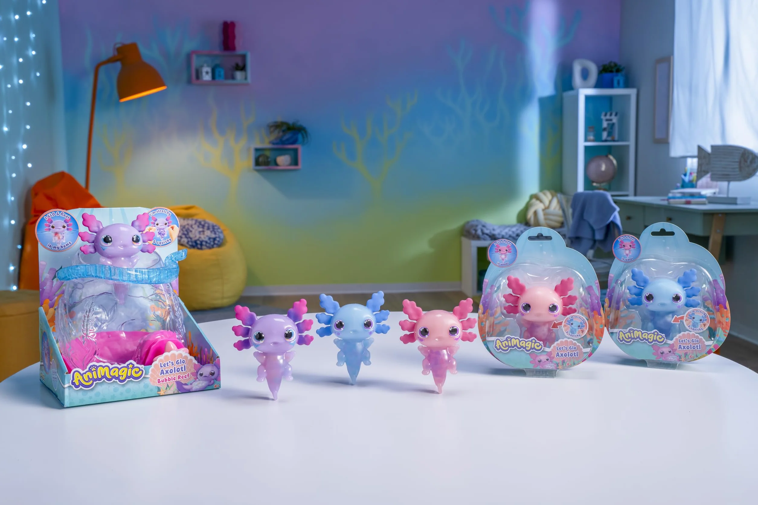 Animagic: Let's Glo Axolotl Bubble Reef | Przenośne akwarium z magicznymi bąbelkami, zawiera również 1 aksolotl Let's Glo | interaktywne elektroniczne zwierzęta | Dla dzieci w wieku od 4 lat
