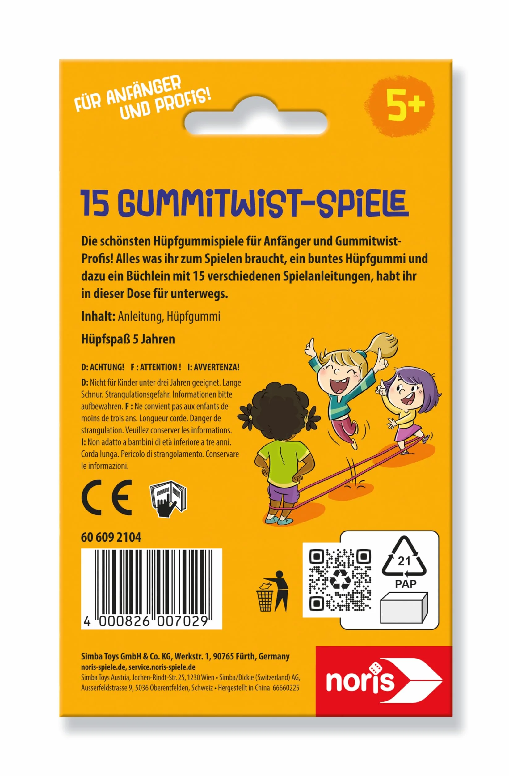 noris 606092104-15 Gummitwist gry dla dzieci od 5 lat – zestaw składający się z kolorowej gumy do skakania i instrukcji gry w blaszanej puszce dla 3 graczy, zabawka outdoorowa dla początkujących i
