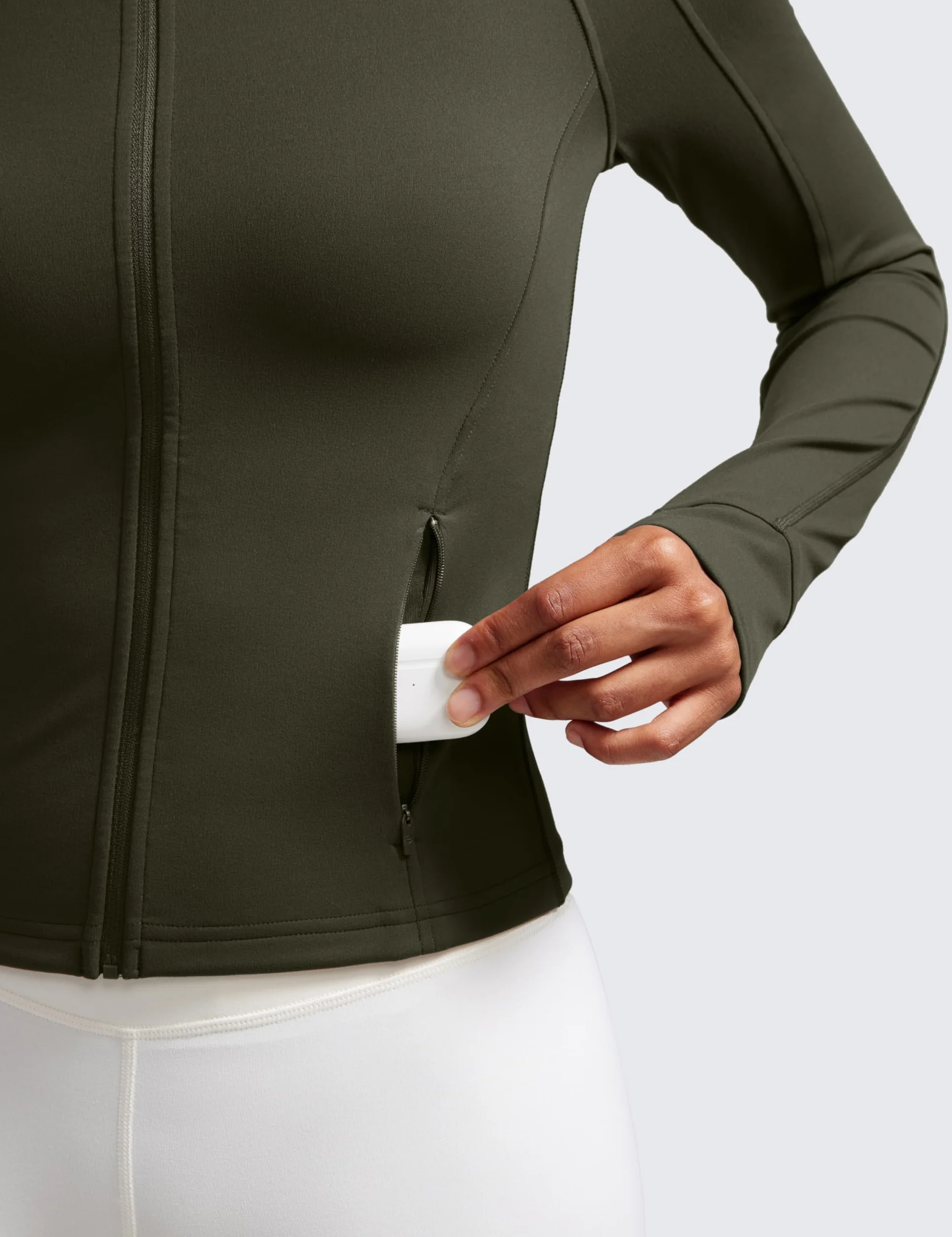 CRZ YOGA Butterluxe Damska krótka dopasowana kurtka treningowa nieważka sportowa zapinana na suwak z otworami na kciuki