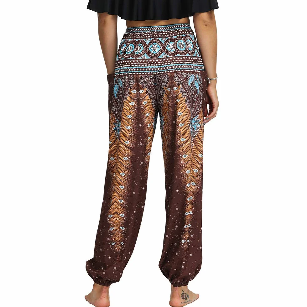 Nuofengkudu Damskie spodnie haremki hippie z kieszeniami spodnie do jogi