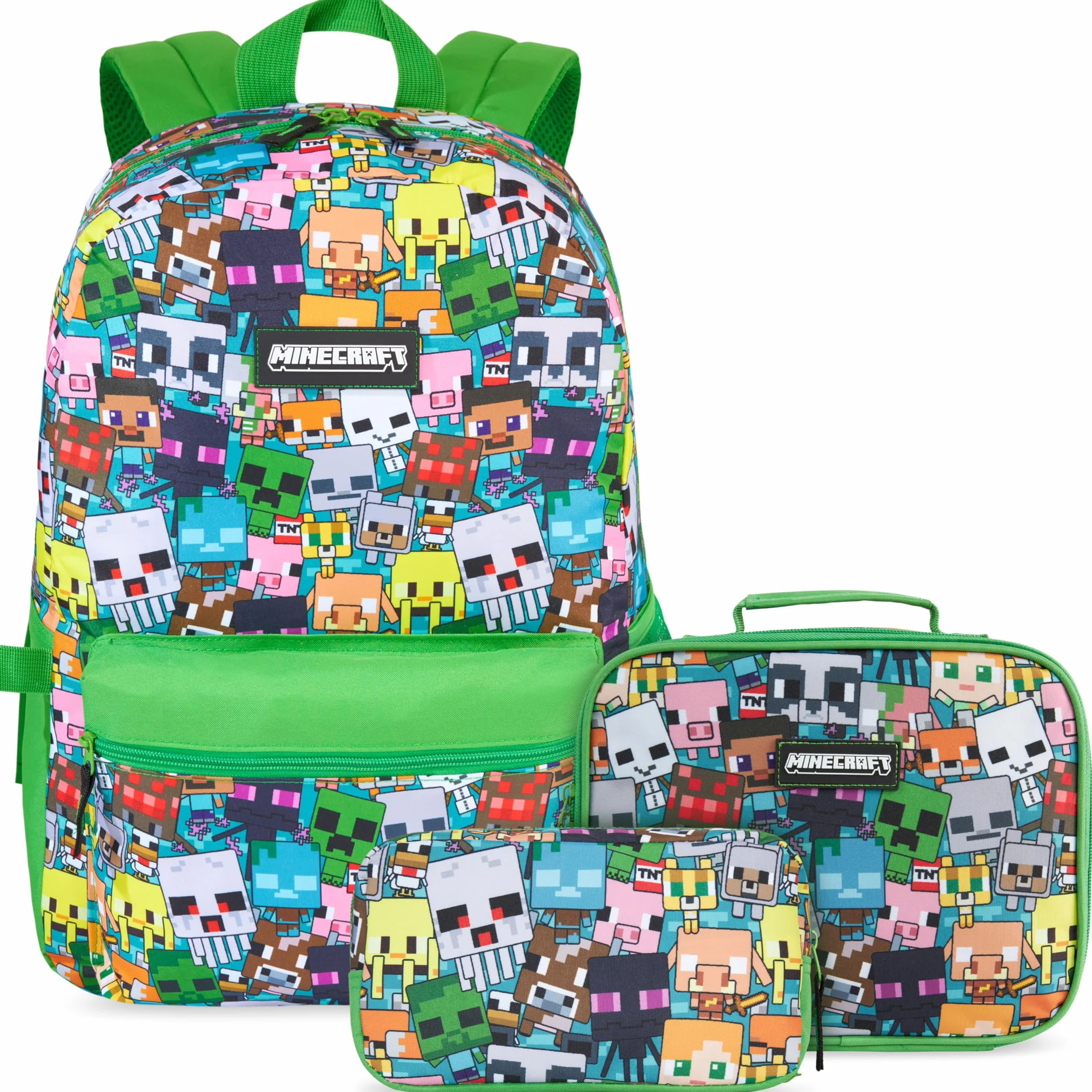 Get Trend Minecraft Plecak chłopięcy zestaw, 3 lub 5 szt., z plecakiem, izolowaną torbą na lunch, piórnik szkolny, butelka bez BPA, sznurek i brelok na klucze, Zielony/Multi Minecraft, Zestaw toreb