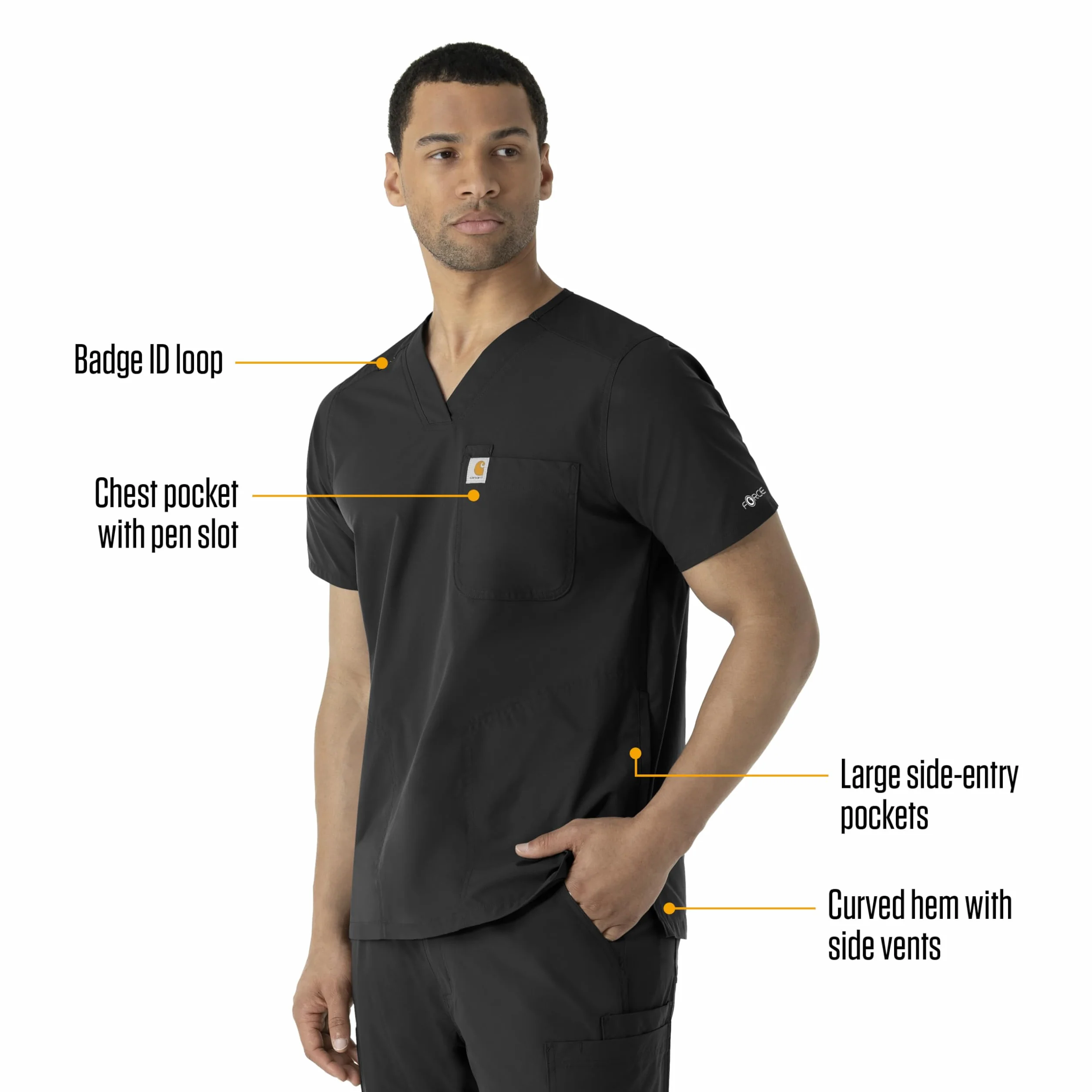 Carhartt Scrubs C16113 Force® Modern Fit V-Neck Top - Medium Regular - Black