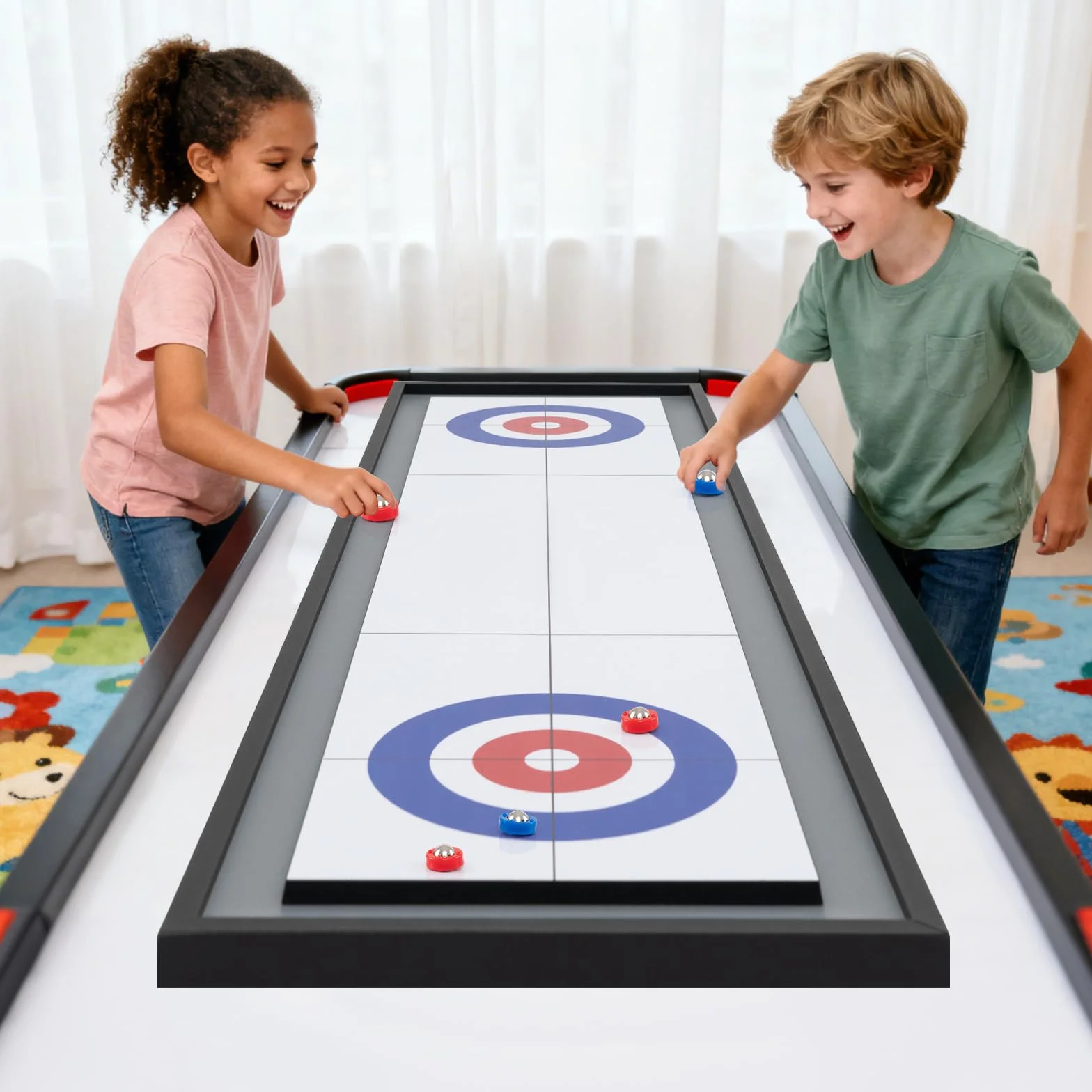 COSTWAY 2 w 1 Shuffleboard & Curling, 114 x 32 cm gra planszowa z 8 krążkami, przenośna deska stołowa, z drewna, gra w kręgle stołowe dla dzieci, dorosłych