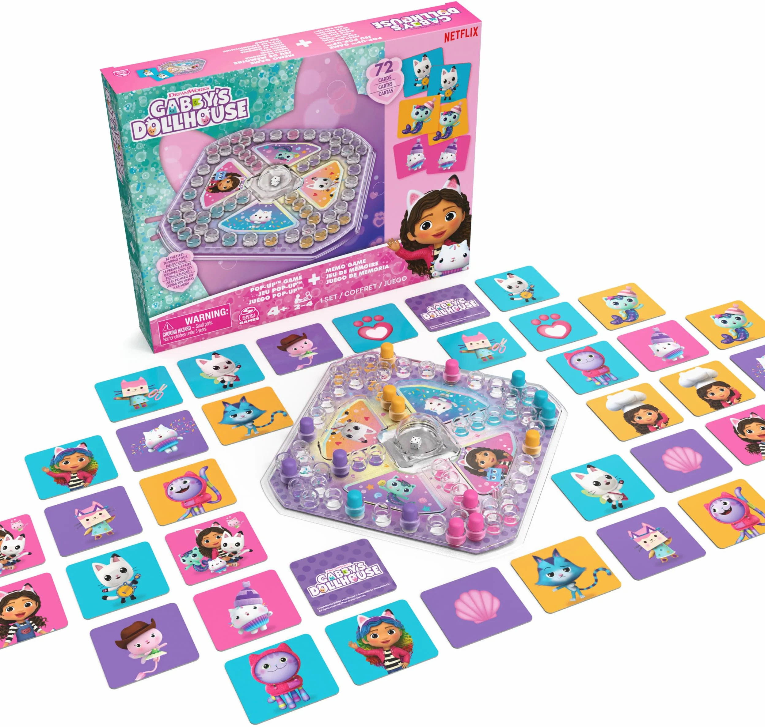 Gabby's Dollhouse Sorry Pop Up i Memo gra – dwie klasyczne gry w jednym zestawie, Sorry (Pachisi) z kostką pop-up i 72 kartami memo z popularnymi postaciami Gabby, od 4 lat, dla 2-4 graczy