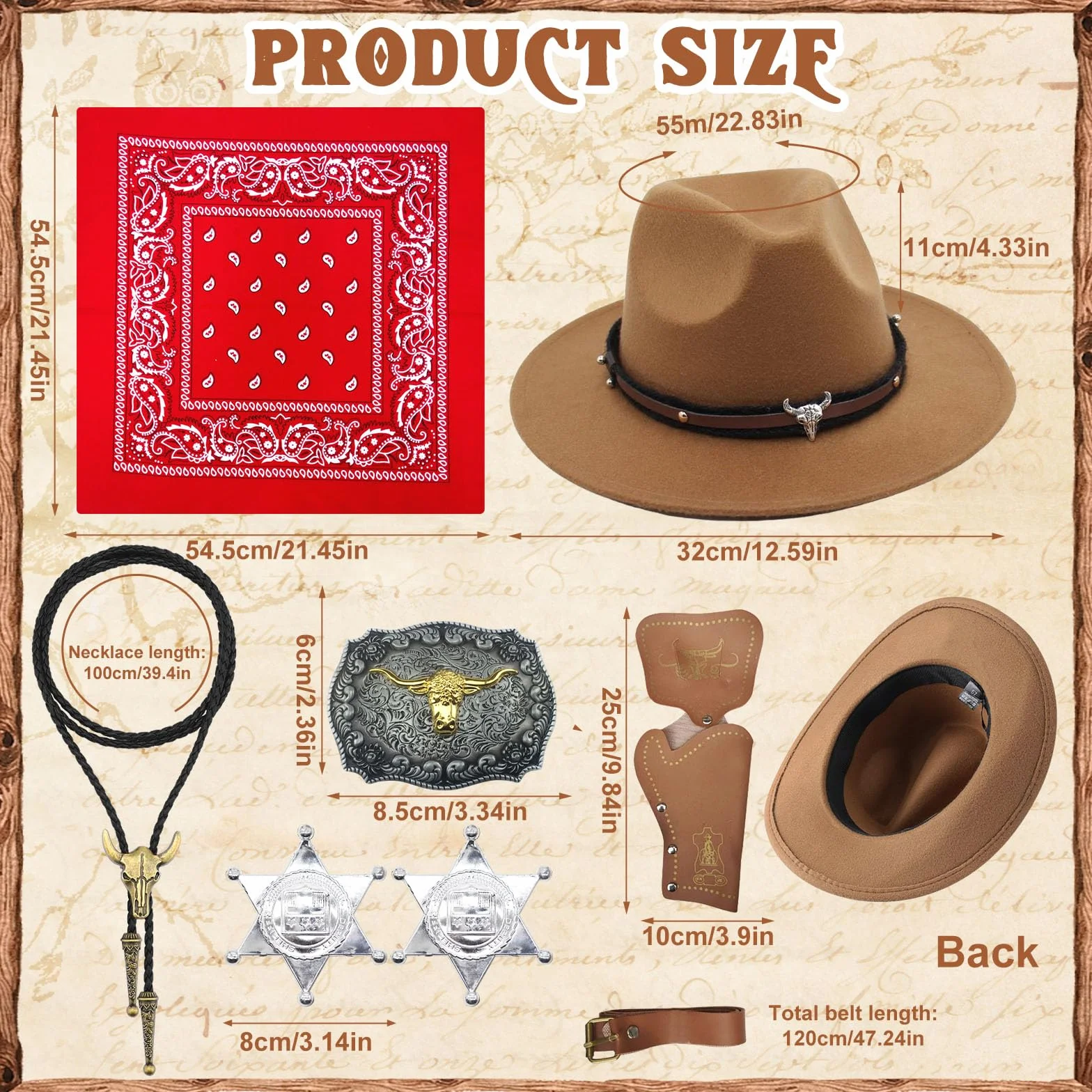 8-częściowy zestaw akcesoriów do kostiumu kowbojskiego, luksusowy zestaw do strojów western z brązowym kapeluszem, paisley bandana, pokrowcem na pistolet, paskiem, sprzączką do bolo