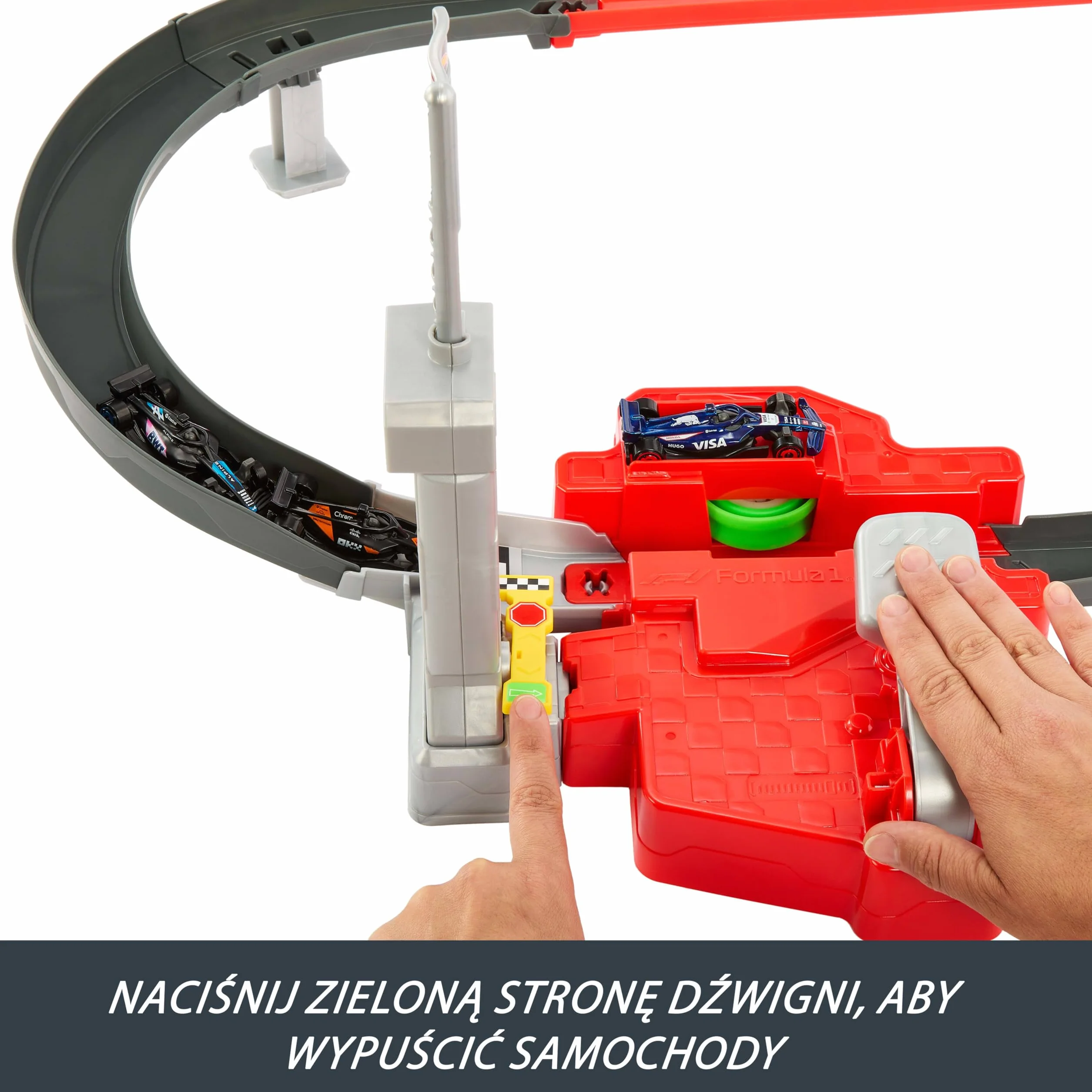 Hot Wheels Racing Formuła 1 Tor wyścigowy Sprint F1 Zestaw do zabawy + 3 metalowe samochody zabawki w skali 1:64 drużyn McLaren, Alpine i VCARB, zabawka dla dzieci 4+, JDY15