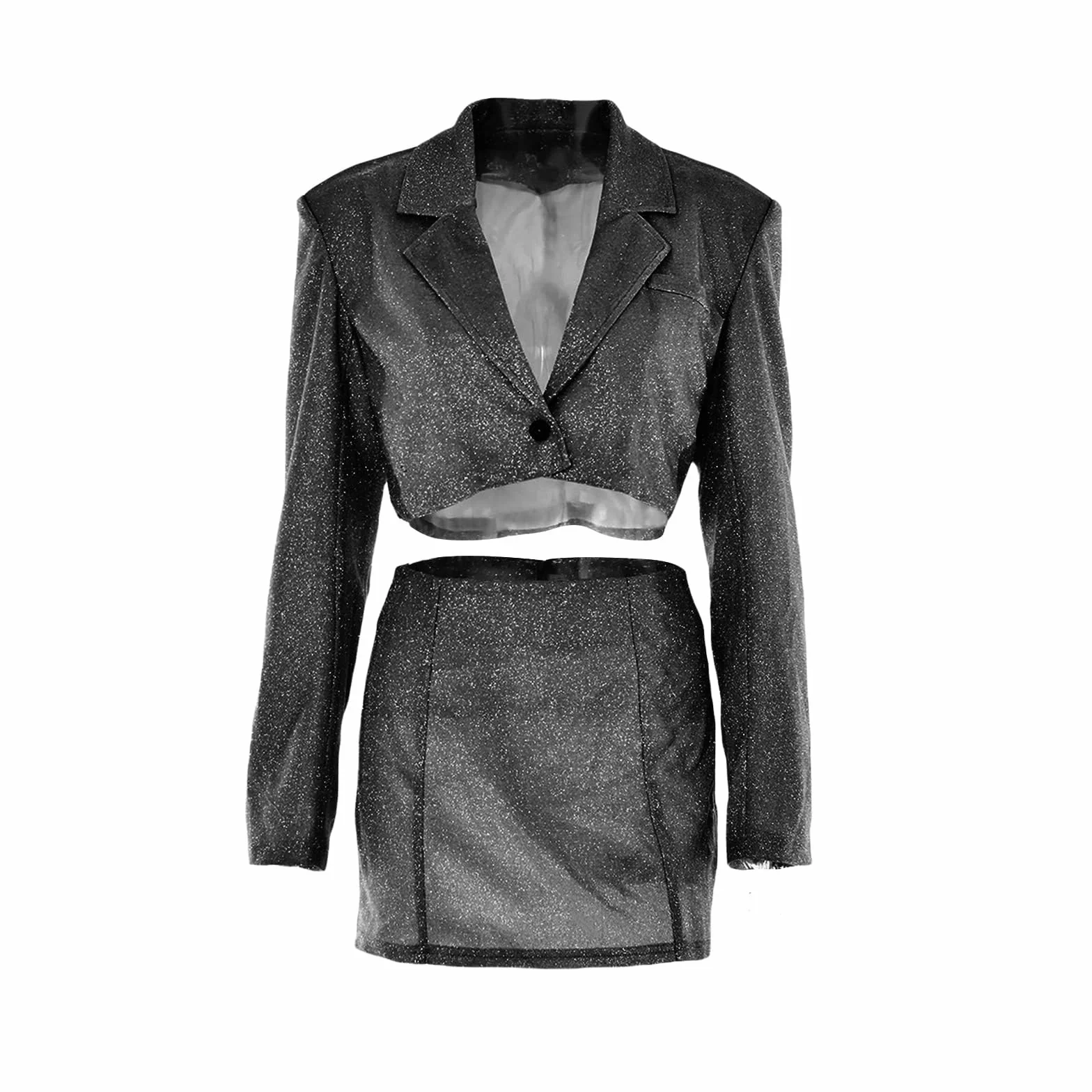 Damski garnitur biznesowy, 2 sztuki, stroje z długim rękawem, seksowna brokatowa marynarka, krótki top, mini spódniczki, modny zestaw, streetwear