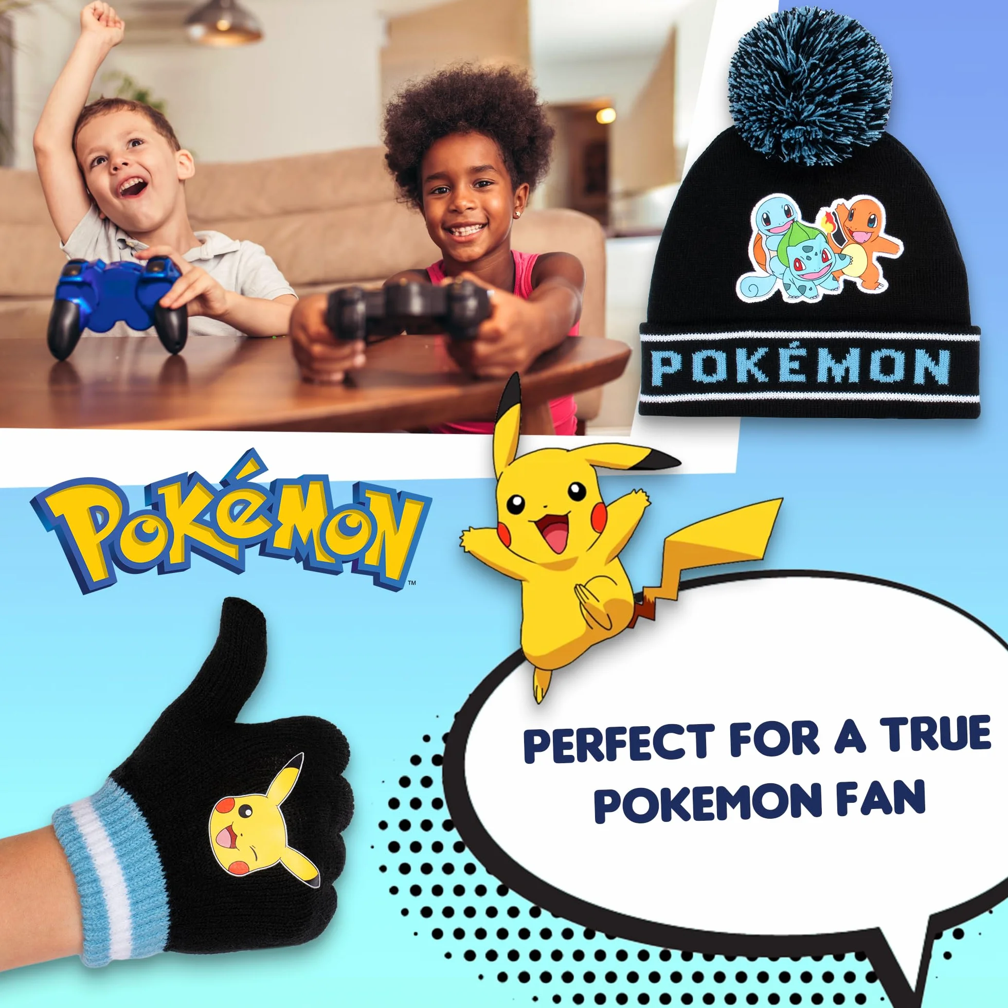 Pokemon Zimowa ciepła i wygodna czapka beanie i rękawiczki zestaw dla chłopców - wzór pikachu - idealny dla chłopców w wieku 6-12 lat - zestaw upominkowy
