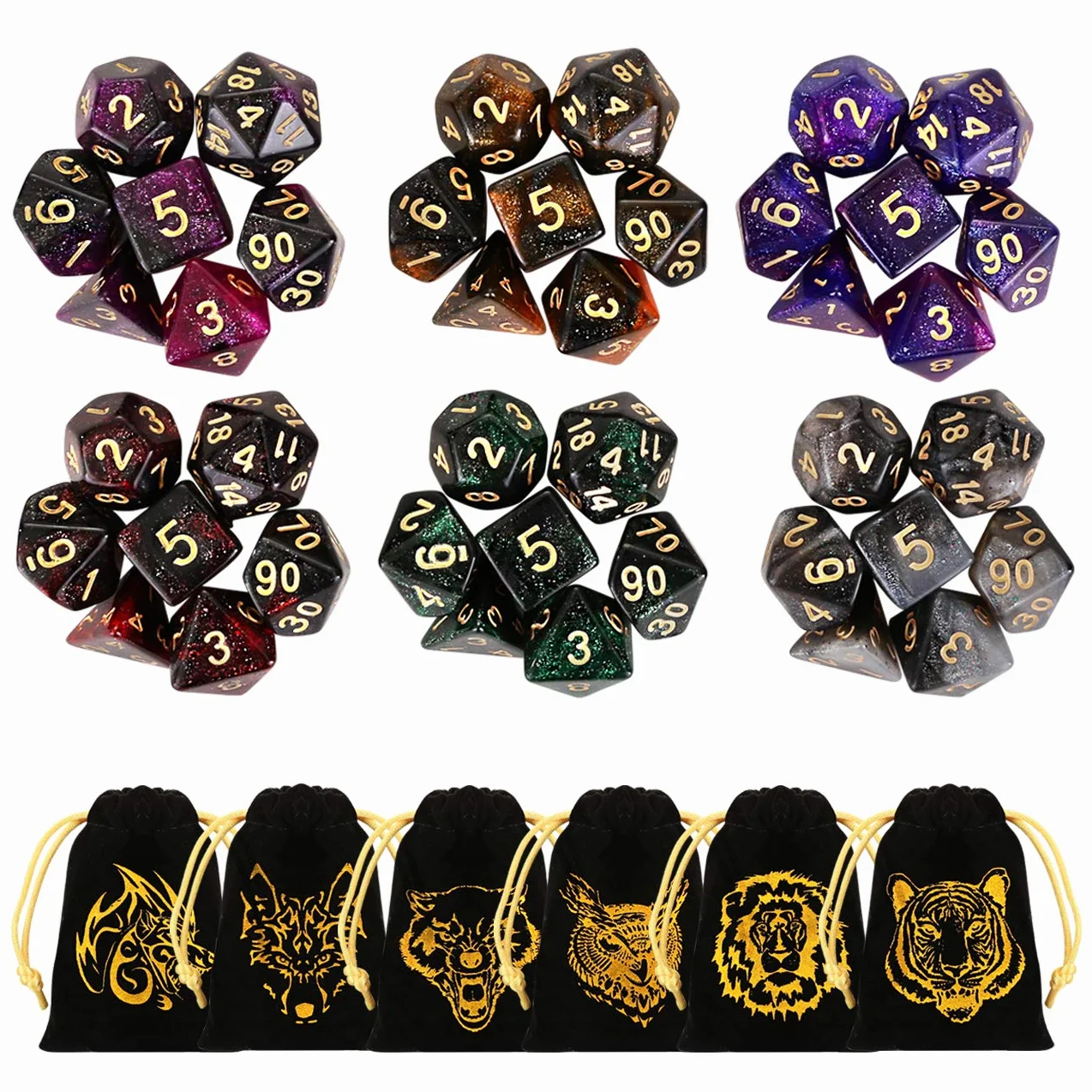 GWHOLE Zestaw kości DND, GWHOLE 6 × 7 (42 szt.) Brokatowe kości wielościenne z flanelowymi torbami Dungeons and Dragons Dice do DND RPG MTG Pathfinder gry stołowe, D4 D6 D8 D10 D12 D20
