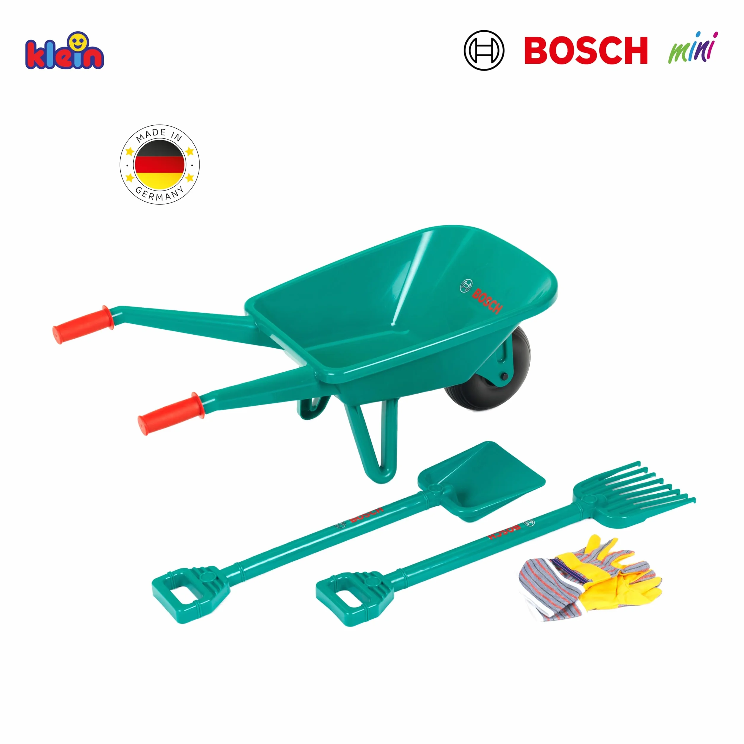 Theo Klein 2660 Bosch zestaw ogrodowy z taczką, z łopatą, grabami i rękawicami roboczymi | wymiary: 70,5 cm x 34 cm x 33 cm | zabawka dla dzieci od 3 lat