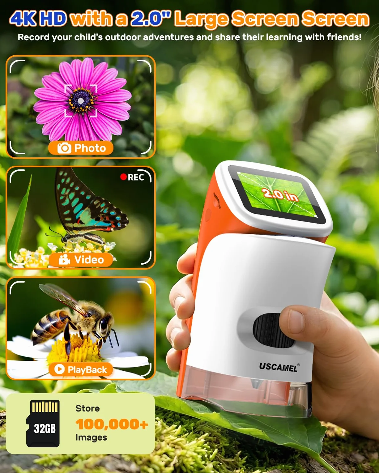 Przenośny mikroskop dla dzieci z ekranem: 100-1000x kieszonkowy mikroskop cyfrowy dla dzieci z ekranem LCD 4K 5,1 cm ładowany przez USB, karta TF 32G, 15 szt. preparatów