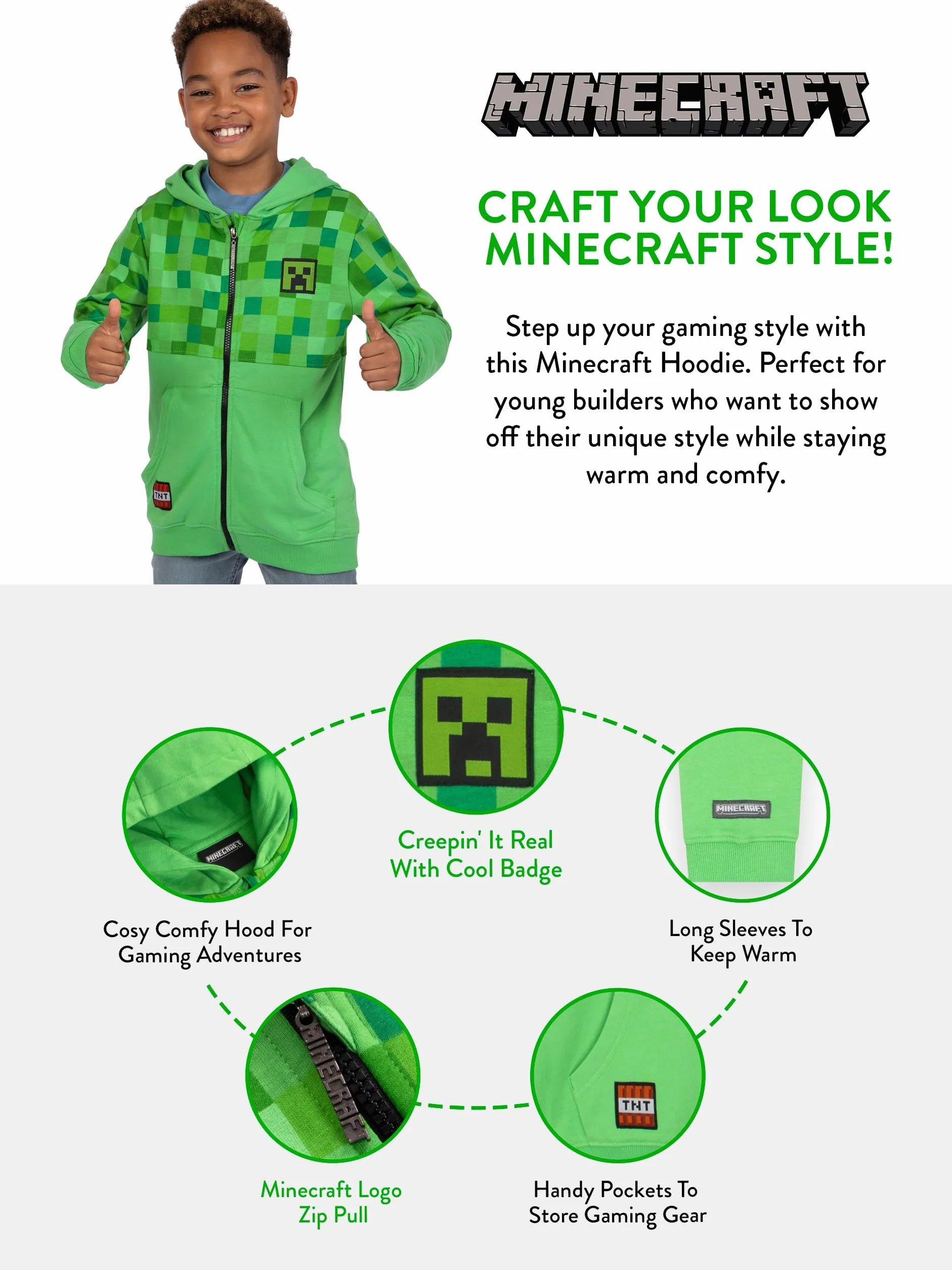 Minecraft Hoodie | Hoodie Gamingowy | Bluza z Zamkiem dla Chłopców | Bluzy dla Chłopców