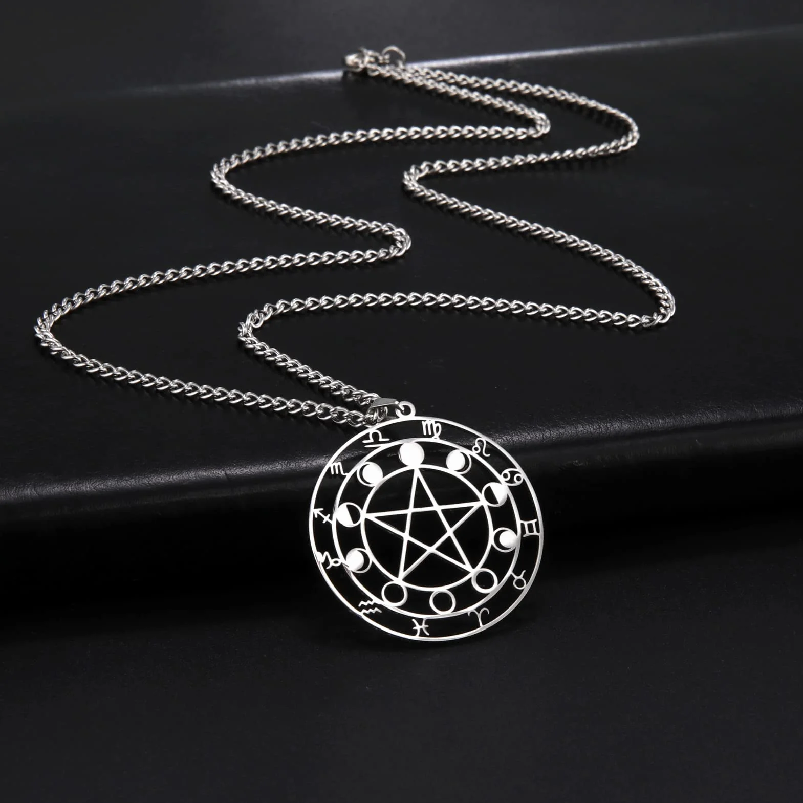 Dreamtimes Naszyjnik z wisiorkiem ze stali nierdzewnej, pentagram, 12 konstelacji, wisiorek celtycka, gwiazda, księżyc, wiccan, pogański naszyjnik, magiczny amulet, biżuteria dla mężczyzn i kobiet