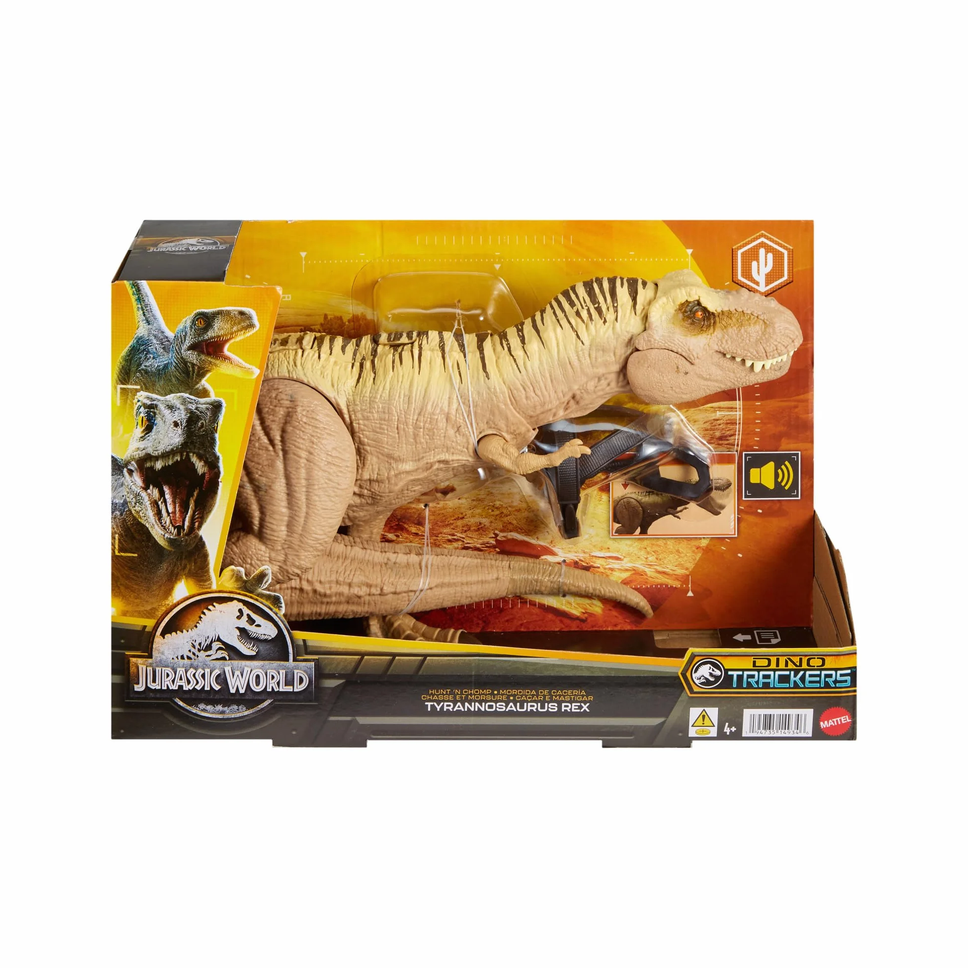 Mattel Jurassic World T-Rex Polowanie i atak Figurka dinozaura z dźwiękami, funkcją polowania i ataku oraz sprzętem tropiącym, dodatkowo zabawa wirtualna. HNT62