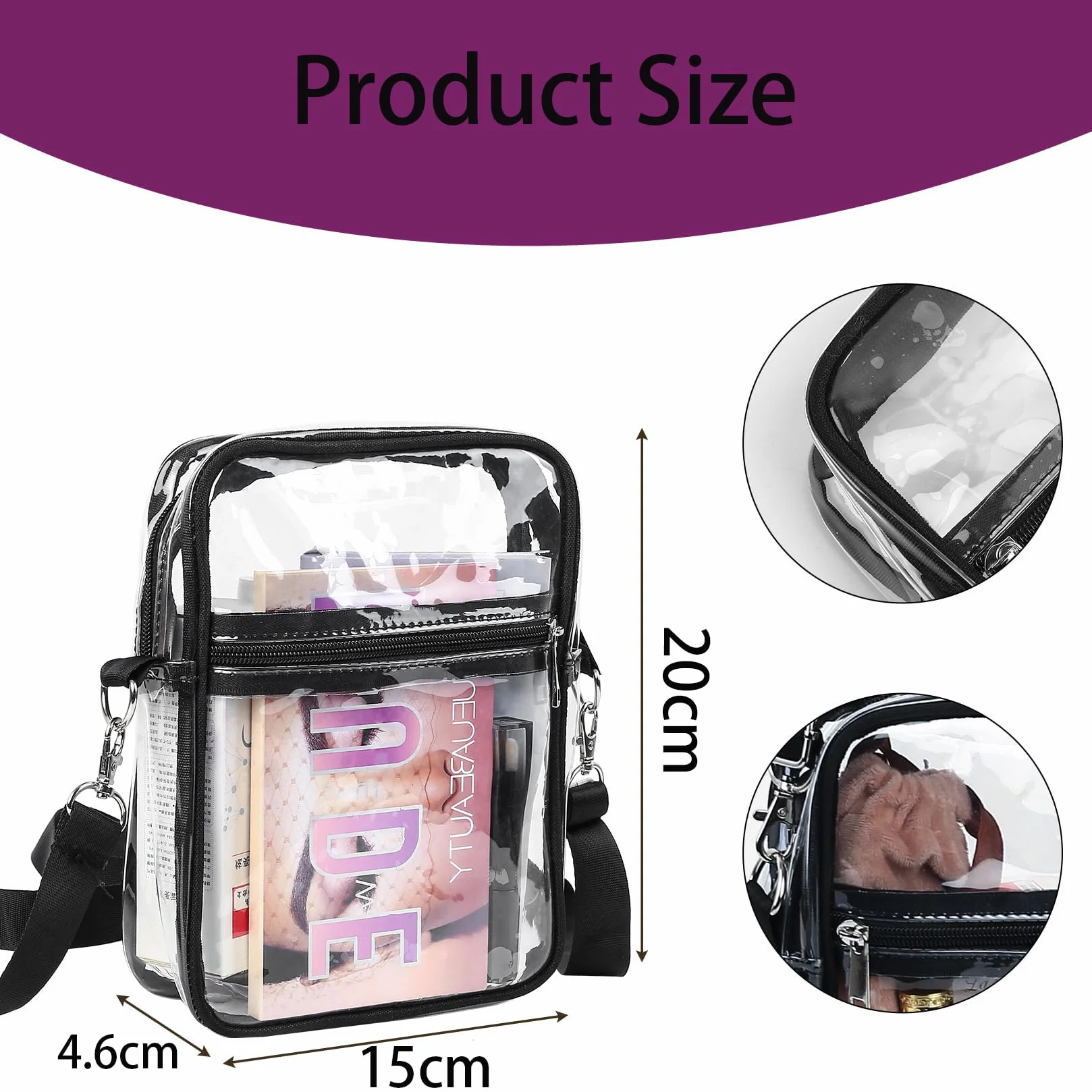 Przezroczysta torba crossbody, przezroczysta torba na ramię z PCW z regulowanym paskiem, zatwierdzona przez stadion, przezroczysta torebka na koncert, stadion, podróż, festiwal, imprezy