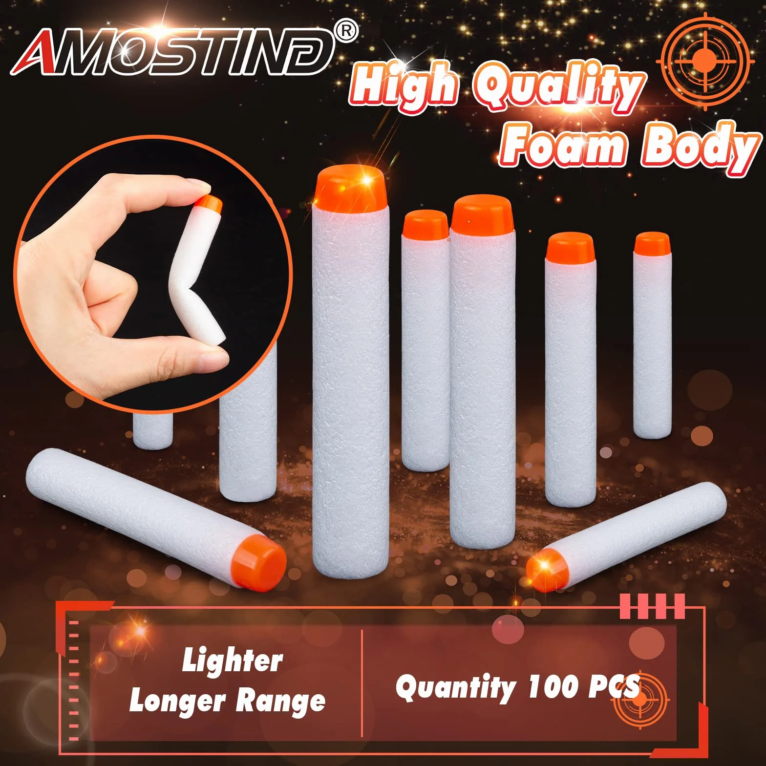 AMOSTING 100 fluorescencyjne rzutki do nerf, 7.2 cm białe naboje piankowe amunicja piankowa do N-Modulus Fortnite Elite Strike Blasters Series z torbą na zabawki