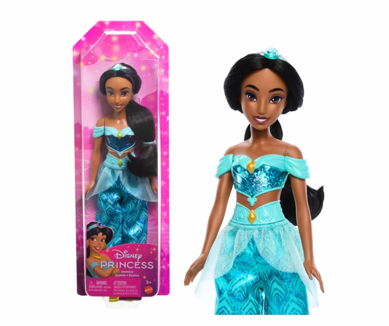 Mattel Księżniczka Disneya Dżasmina Lalka z punktami zgięcia, błyszczącym ubrankiem i akcesoriami inspirowanymi filmem Disneya, prezent dla dzieci HLW12