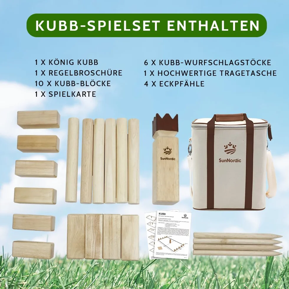 SunNordic Kubb Wikingów szwedzka szachowa z drewna gumowego zestaw z torbą i instrukcją