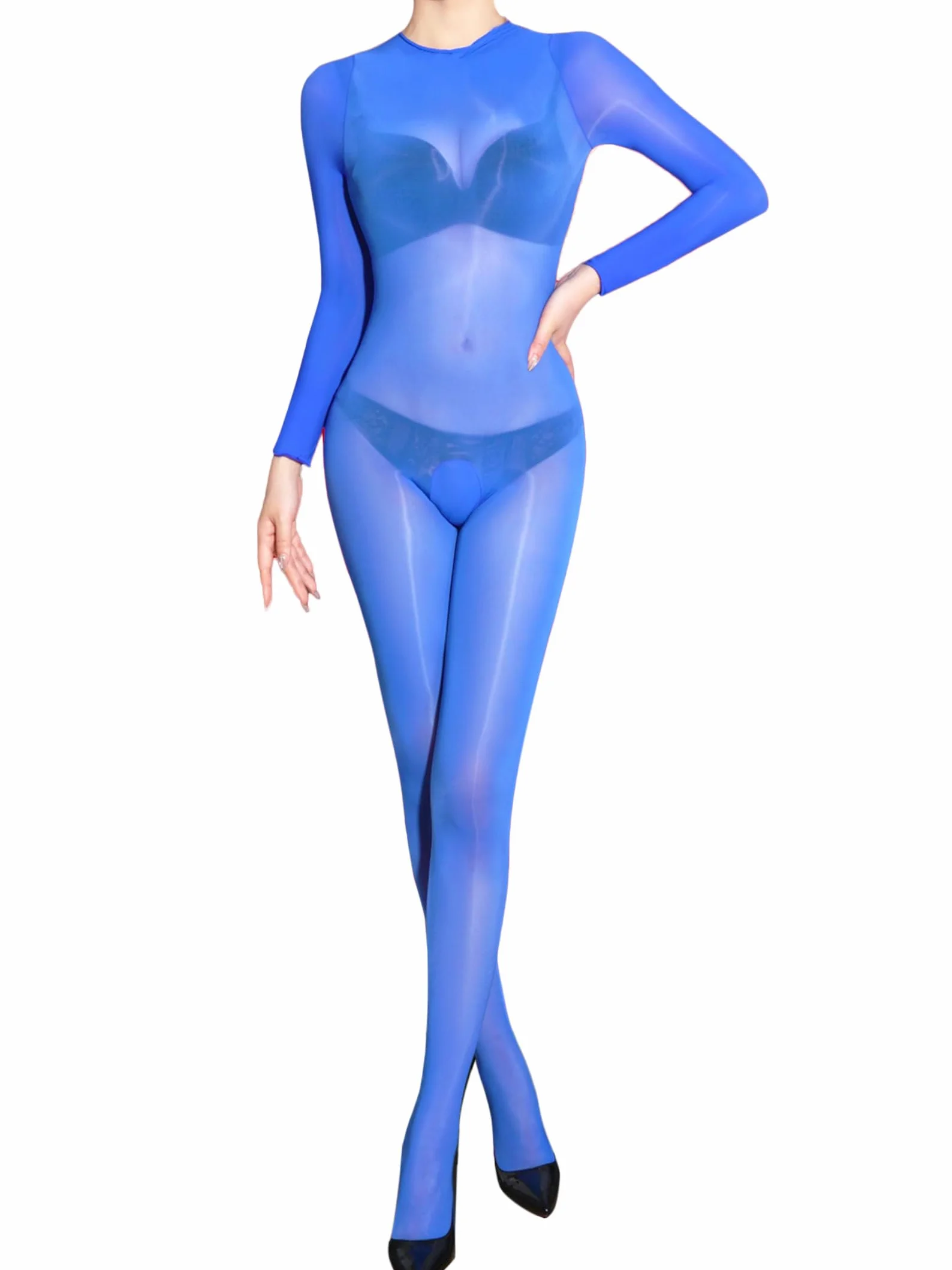 HTRUIYATY Bodystocking z długim rękawem seksowny kombinezon damski nylon bielizna przezroczysty strój rajstopy