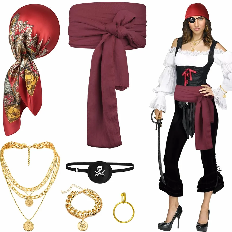 Zestaw akcesoriów do kostiumu pirata z akcesoriami kapitana, pas do szarfy, opaska na oczy, kotwica, łańcuszek do średniowiecznego renesansowego kostiumu pirata, impreza halloweenowa